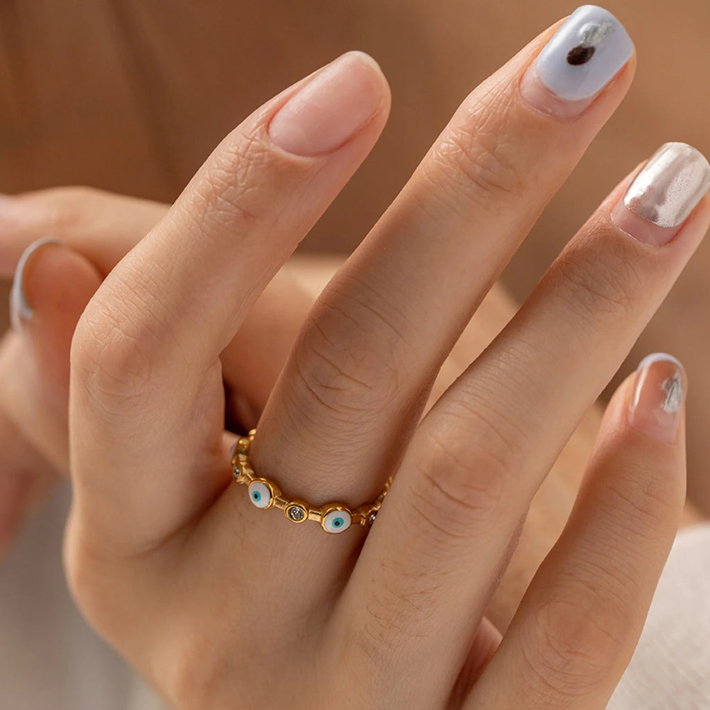 2024 Delicate Bling Stainless Steel The Devil's Eye Design Opening Fashion Ring Gold Color Texture Trend Jewelry for Women - Grand Goldman