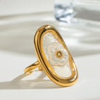 Kreativer 18K vergoldeter Edelstahl Oval Muschel Blumen Stahlperlen Offener Ring Damen Antiallergischer Charme Täglicher Schmuck