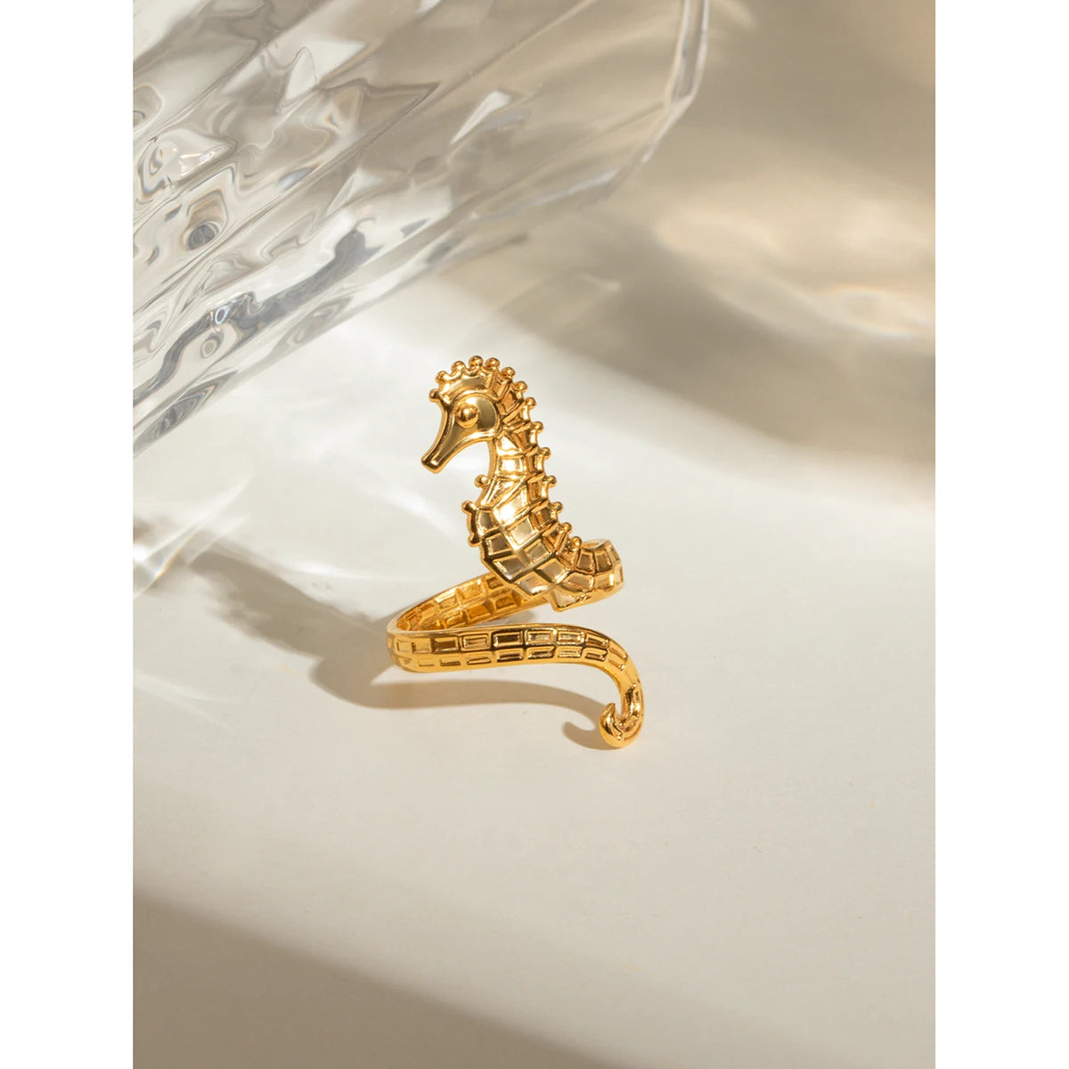 Sea Beach Edelstahl Seepferdchen Design Offener Ring Leicht Gemütlich Damen Charm 18K PVD Beschichtet Wasserdicht Stilvoller Schmuck Femme
