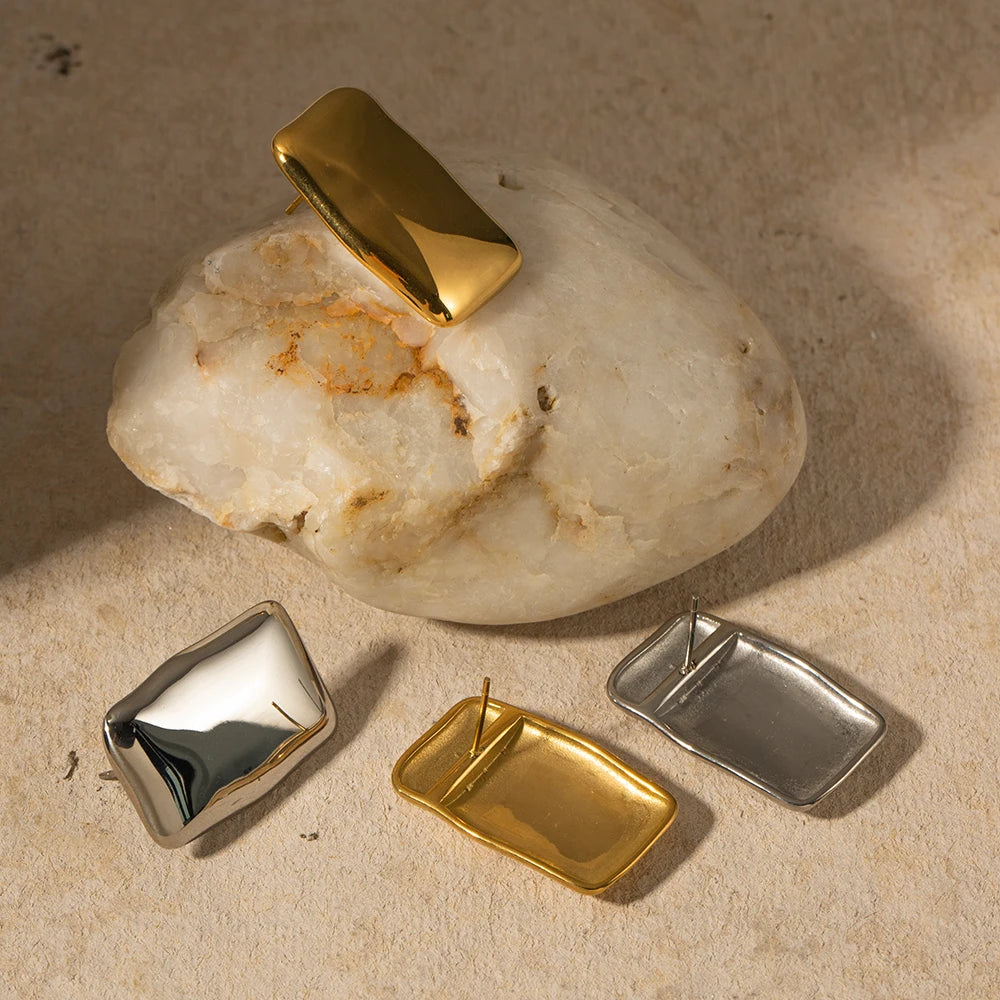 Plettet fri rustfrit stål Chunky geometriske usædvanlige rektangulære øreringe Geometriske frostede 18k PVD guldbelagte smykker til kvinder