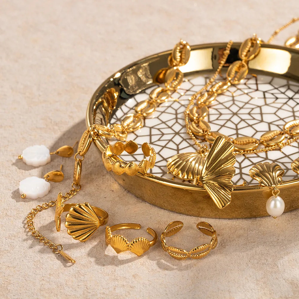 18K PVD Plated Design Stainless Steel Beach Vacation Shell Element Waterproof Pendant Necklace/Earring Metal Attractive Jewelry