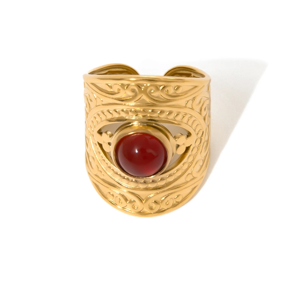 Modischer 18K PVD-beschichteter Edelstahl mit Retro-Muster, eingelegter halbgesichtiger roter Achat, offener Ring, Damen-Charm-Statement-Schmuck