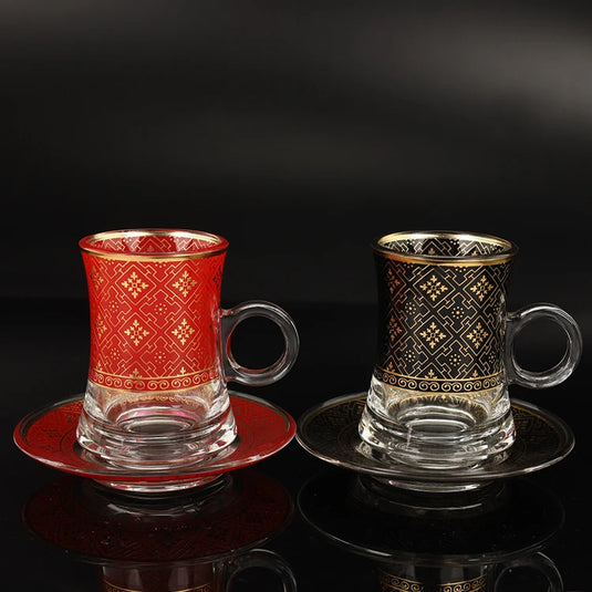 12 Pcs Elegant Reusable Arabic Coffee Cup Glass Teacup Sets - 6 Cups 6 Saucers - Perfect for Business Gifts, Holidays, Restaurants, Sustainable Handmade Design for Dining Room, Patio, Office, and Living Room