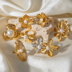 Vintage 18K Gold Plated Stainless Steel Pearl Geometric Flower Shaped Open End Ring Women Anti Allergic Charm Daily Jewelry