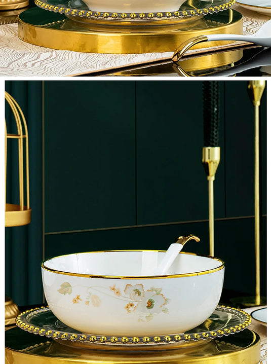 Jingdezhen Ceramic Tableware, Light Luxury Bone Porcelain Tableware Set, Household Bowl and Chopstick Plate Combination