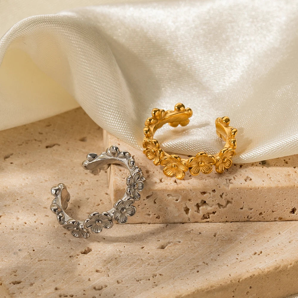 Modischer Edelstahl wasserdichter Blumenserie offener Ring Persönlichkeit Charms 18K PVD Echtgold 18K plattiert trendiger Schmuck