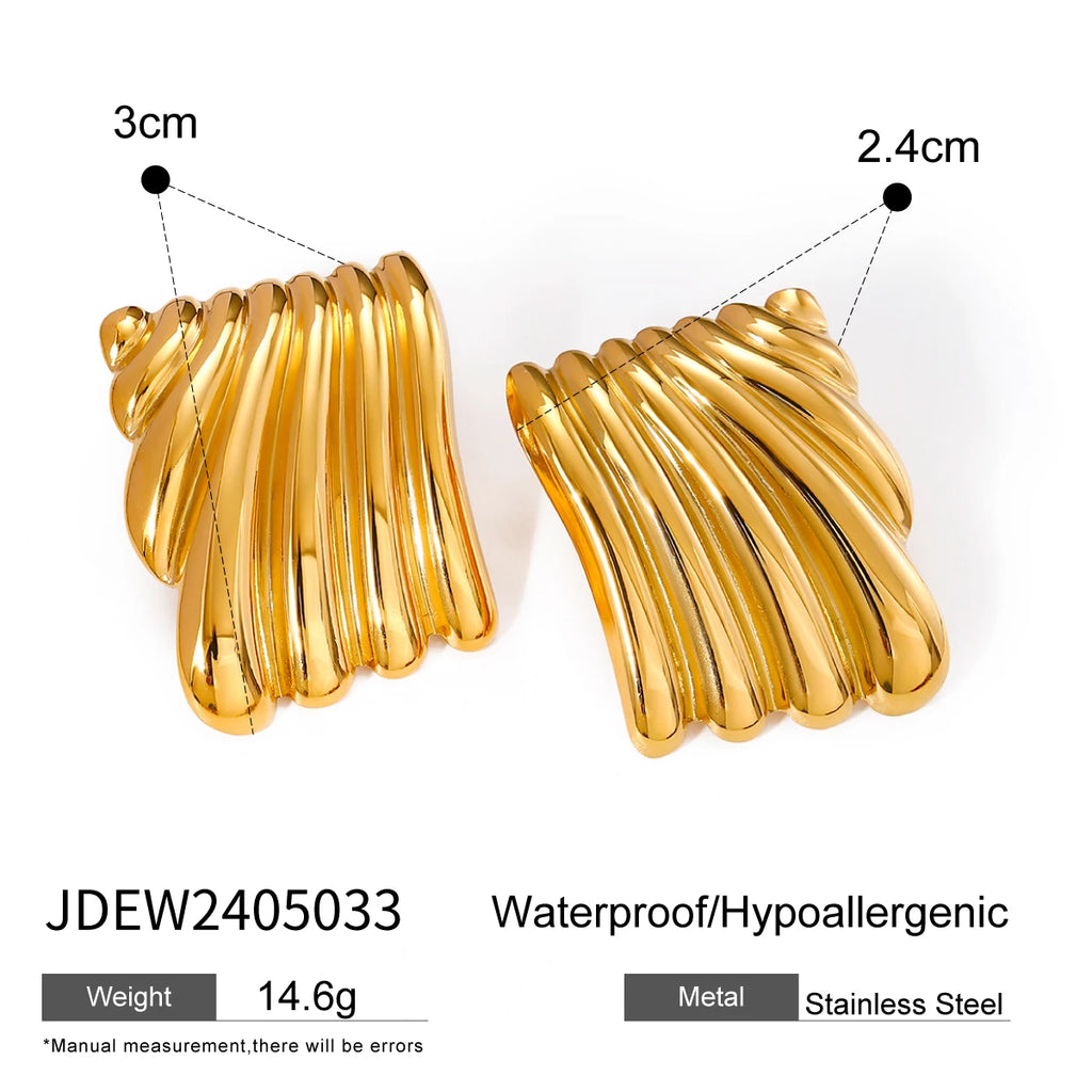 Vintage 18k Gold Plated Irregular Wave Wrinkle Metal Texture Stud Earrings Steel Women Prevent Allergenic Trendy Jewelry