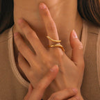 Stainless Steel Unique 18k Gold Plated Stylish Texture Simple Glossy Lines Staggered Open Ring Anti Allergic Distinctive Jewelry