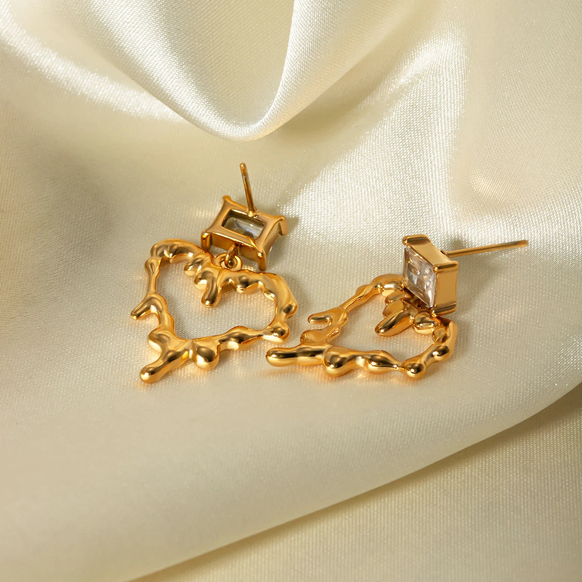 18K Gold Plated Stainless Steel Lava Design Love Heart Pendant Earrings Minimalist Waterproof Rust Proof Charm Jewelry - Grand Goldman