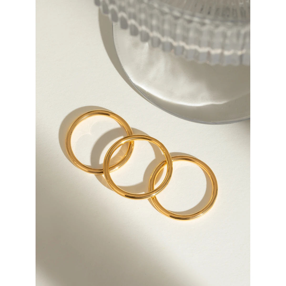 18K Gold Plated Stainless Steel Set of Three Rose Gold Circle Ring Size 7 Women Anti Allergic Metal Statement Jewelry