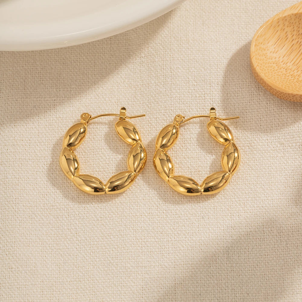 Personality Vintage C-shaped Stainless Steel Seed Bead Hoop Earrings For Women Geometric Waterproof Jewelry Gift