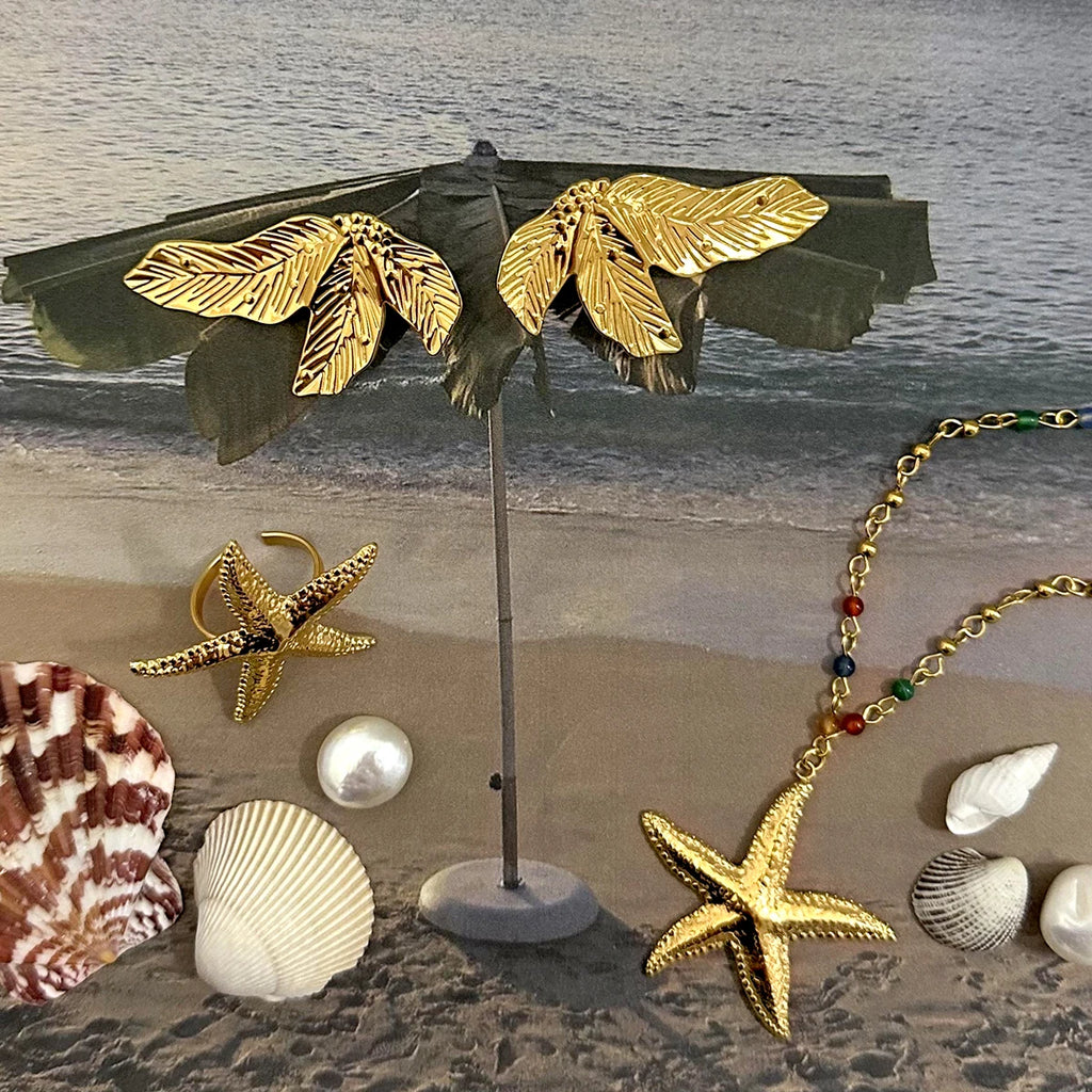 Creative 18k Gold Plated Hammer Grain Starfish Pendant Necklace Earrings Stainless Steel Women Anti Allergic Charm Jewelry