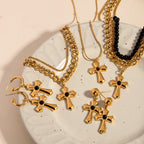 Crucifix en métal plaqué or 18 carats, acier inoxydable, incrustation d'agate noire, pendentif croix de luxe discret, boucles d'oreilles pour femmes, bijoux chrétiens