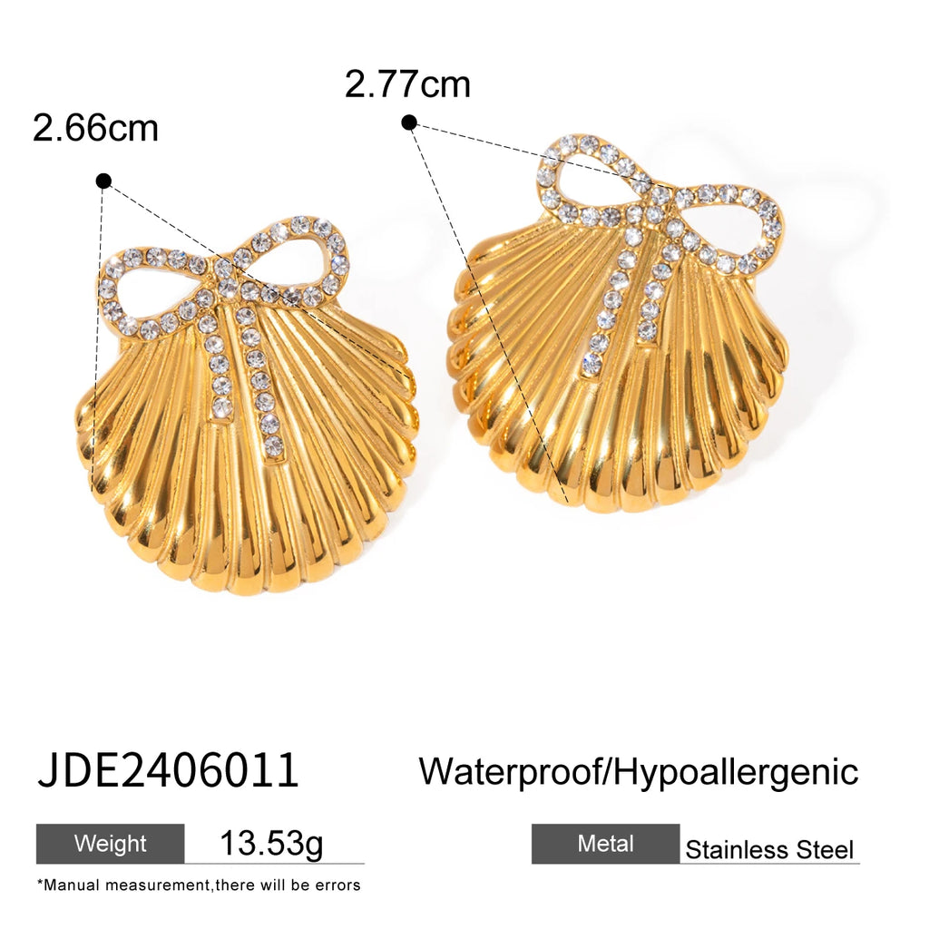 18K PVD Plated Stainless Steel Shell Design Inlay Bowknot Rhinestone Earrings Geometric Waterproof Women Exquisite Jewelry Gift - Grand Goldman