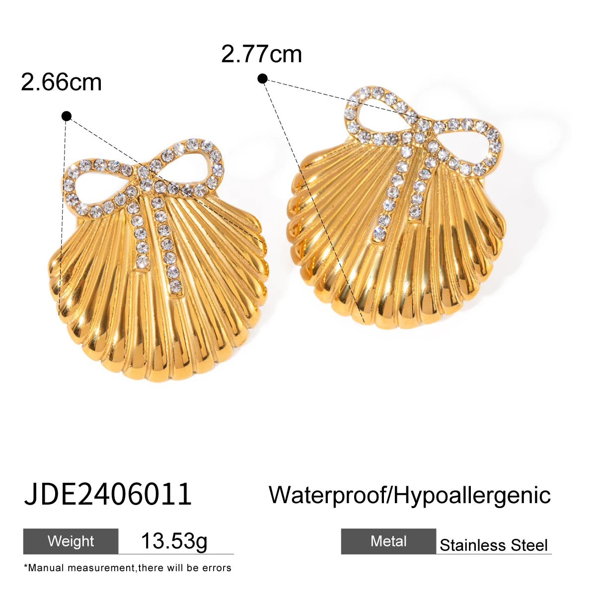 18K PVD Plated Stainless Steel Shell Design Inlay Bowknot Rhinestone Earrings Geometric Waterproof Women Exquisite Jewelry Gift - Grand Goldman