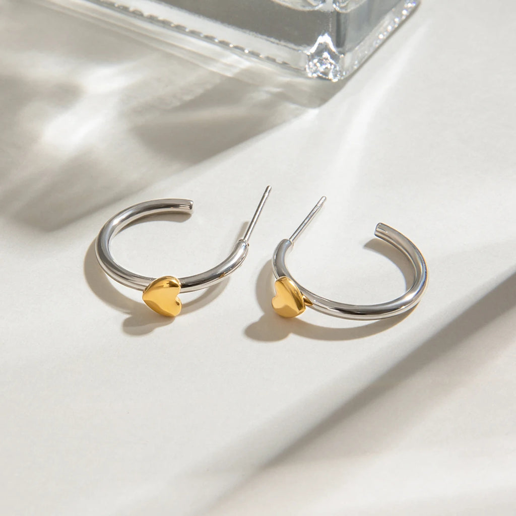 Minimalist Gold Silver Color Matching Stainless Steel Heart Shaped Earrings  Women Anti Allergic Rust Proof Stylish Jewelry - Grand Goldman