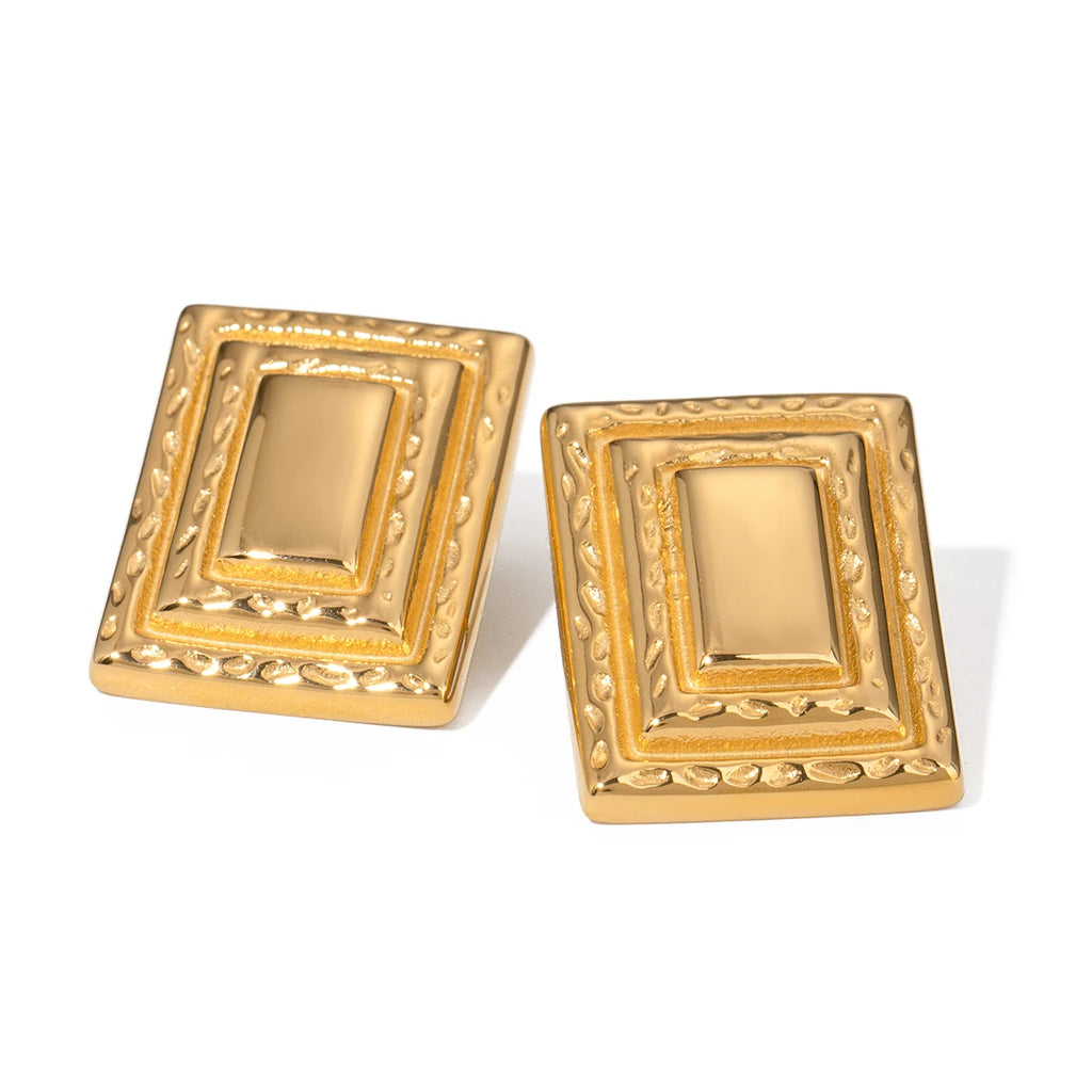 18K PVD Plated Fashion Vintage Rectangle Triple Layered Earrings Stainless Steel Women Prevent Allergy Trendy Daily Jewelry