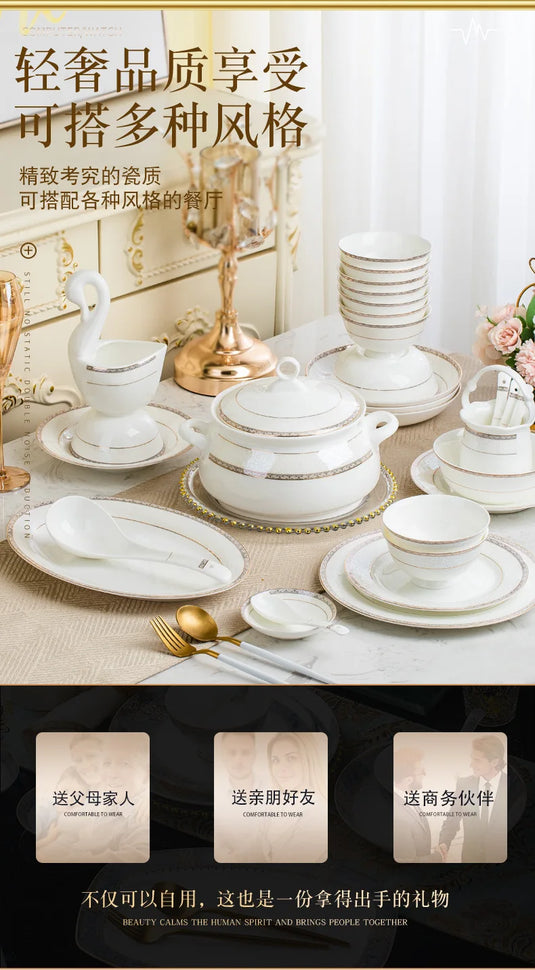 Vaisselle en porcelaine à 56 têtes avec bordure dorée simple de style européen Jingdezhen, combinaison de bol et d'assiette en céramique