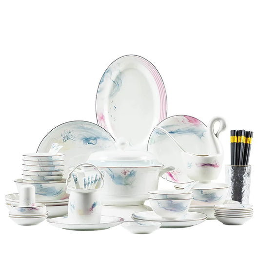 Jingdezhen Ceramic Bowl and Dish Set, Bone Porcelain Bowl and Chopstick Household Tableware Set