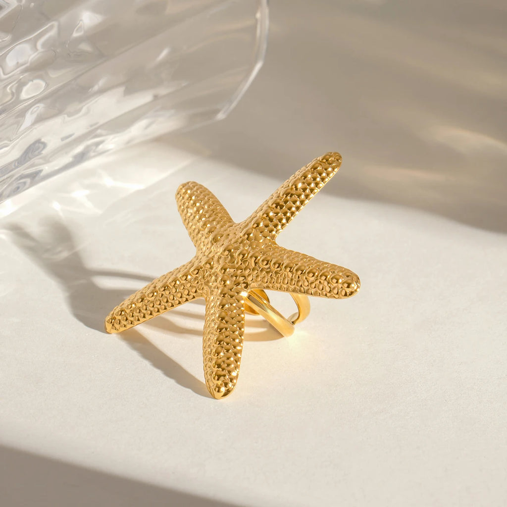 Sea Beach 18K vergoldeter Edelstahl Mode Hammer Korn Seestern Offener Ring Damen Romantische Anhänger Metall Täglicher Schmuck