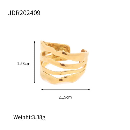 Statement 18K Gold Plated Stainless Steel Multilayer Geometric Irregular Ring Waterproof Fashion Unusual Textured Jewelry