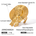 Charm 18K Gold Plated Stainless Steel Flower Straw Hat Shape Open Ring Stud Earrings Women‘s Water Resistant Daily Jewelry