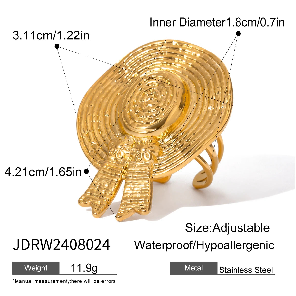 Charm 18K forgyldt rustfrit stål Blomster stråhat form åben ring ørestikker Dame vandtæt daglige smykker