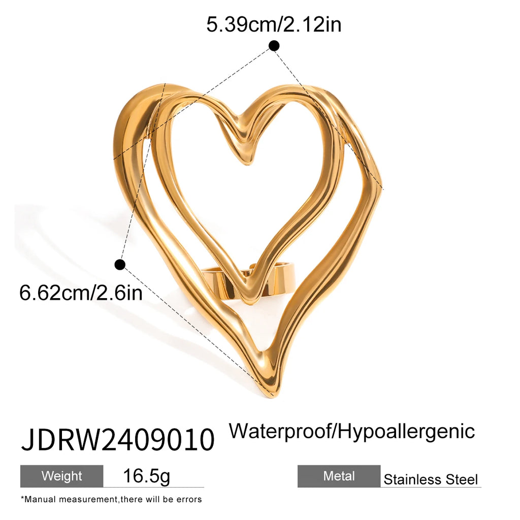 Geometrisch doppellagiger hohler Liebesherz-Öffnungsring aus Edelstahl, 18K PVD-beschichtet, allergiepräventiver Schmuck