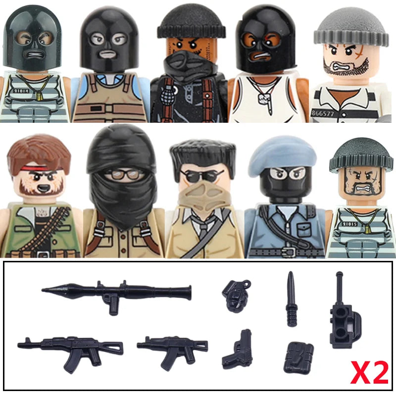 City Accessories MOC Villain Gangster Figures Building Block Modern Soldier Mask Helmet Guns Bazooka Military Weapon Bricks Toys