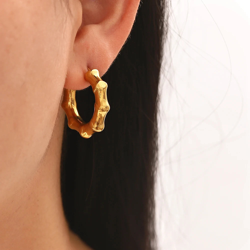 Stainless Steel Creative 18K Gold Plated Minimalist Smooth Bamboo Joint C-shaped Earrings Waterproof Personality Jewelry