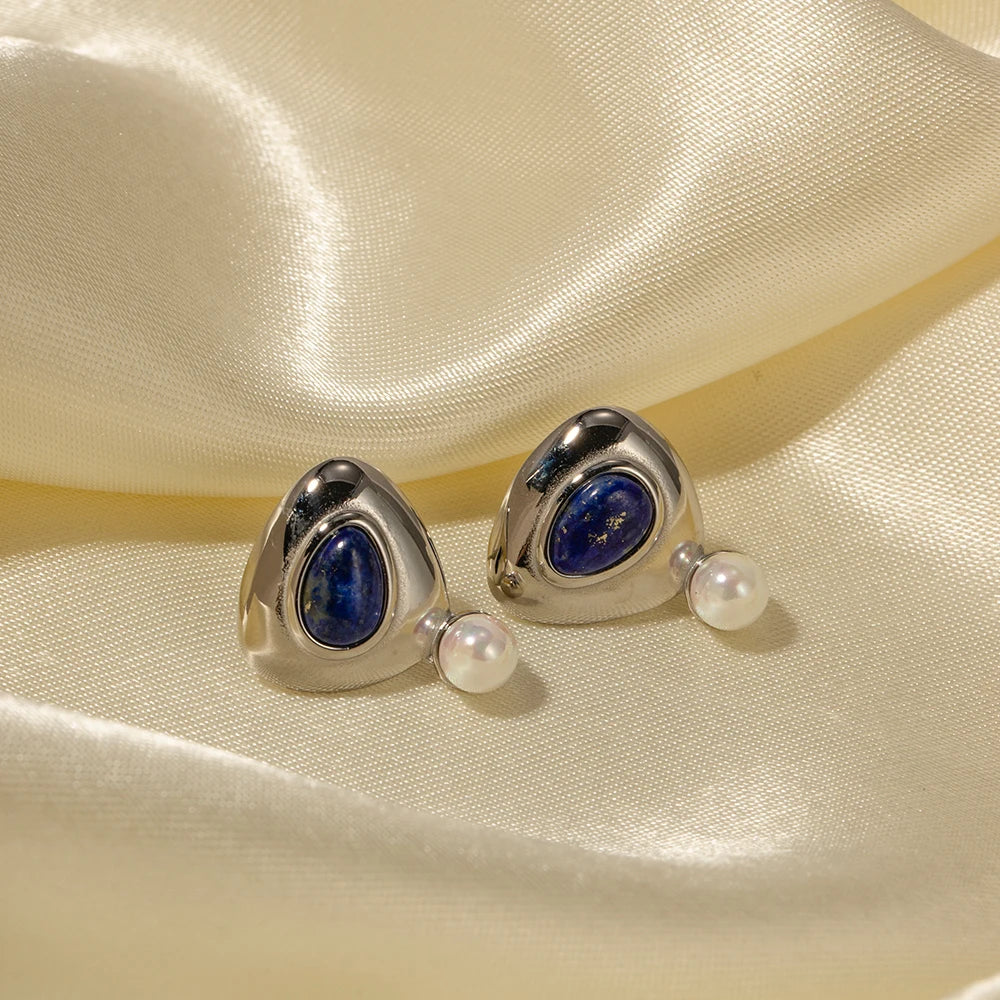 Edelstahl 18k vergoldete minimalistische Dreieck-Ohrstecker mit Lapislazuli besetzt Femme Gala schick stilvoller Schmuck