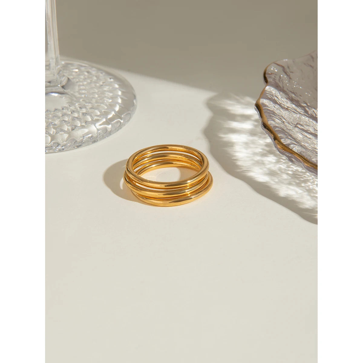 18K Gold Plated Stainless Steel Set of Three Rose Gold Circle Ring Size 7 Women Anti Allergic Metal Statement Jewelry