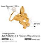 Exquisiter 18K PVD-beschichteter Edelstahl, zarter doppelter Schmetterling, Perle, asymmetrischer Öffnungsring, Damen Charmschmuck