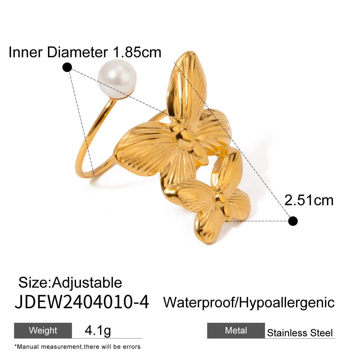 Exquisiter 18K PVD-beschichteter Edelstahl, zarter doppelter Schmetterling, Perle, asymmetrischer Öffnungsring, Damen Charmschmuck