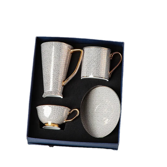 RICHARD'S Elegant European Coffee Set Bone China Cups and Saucers - Luxury White Gold Porcelain with Brown Grid Pattern Perfect Birthday Gift for Couples Birthday Valentines 200-500ml Packaged in Gift Box Mild Retro Royal Style for Tea Lovers