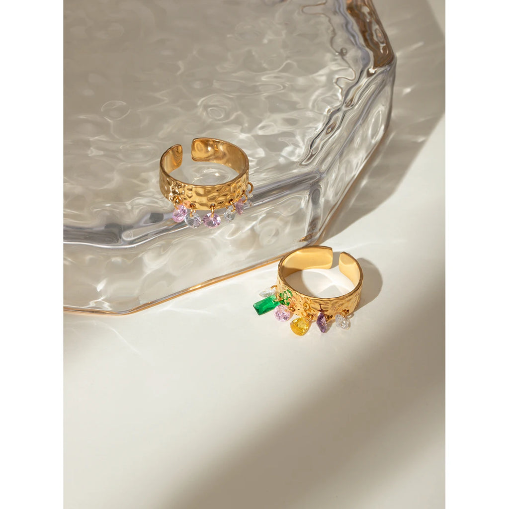 Anel Aberto Feminino de Aço Inoxidável com Pedra Natural Colorida, Padrão de Grão Martelado, Banhado a Ouro 18K Anti-alérgico, Charme para Uso Diário