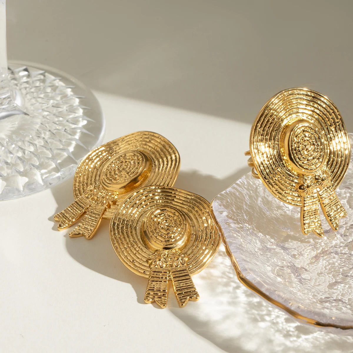 Charm 18K forgyldt rustfrit stål Blomster stråhat form åben ring ørestikker Dame vandtæt daglige smykker