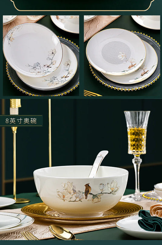 Jingdezhen kinesisk stil husholdnings keramiske skåle, tallerkener, sæt, æsker, benporcelænsservice, skåle, spisepinde, sæt, porcelæn