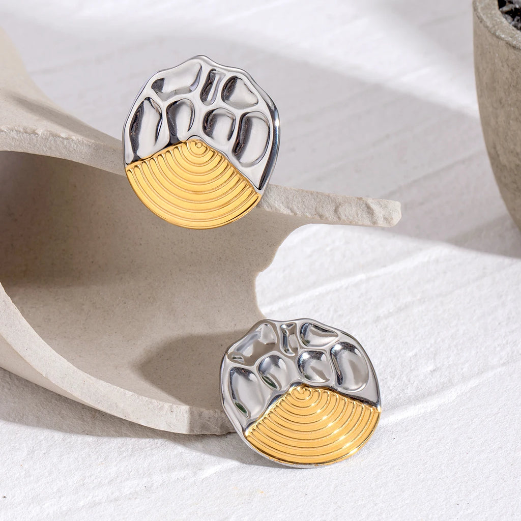 18k Gold Plated Vintage Threaded Concave Convex Irregular Earrings Stainless Steel Women Exquisite Jewelry Bijoux Femme