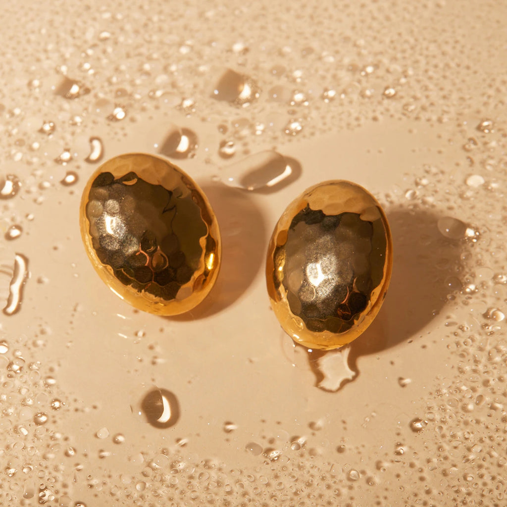 Stijlvolle Unieke Metaal Roestvrij Staal 18k Goud Vergulde Dames Hamer Korrel Patroon Disco Ovale Oorbellen/Ring Set Vakantie Sieraden