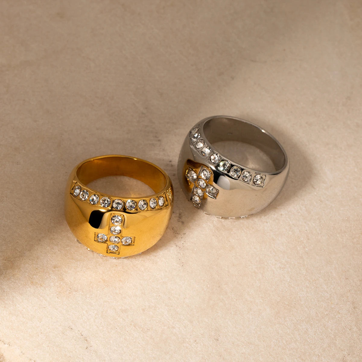 Stainless Steel Stylish Cross Ring Inlay With Rhinestone 18K PVD Plated Chubby Bright Smooth Rust Proof Charm Lovely Jewelry