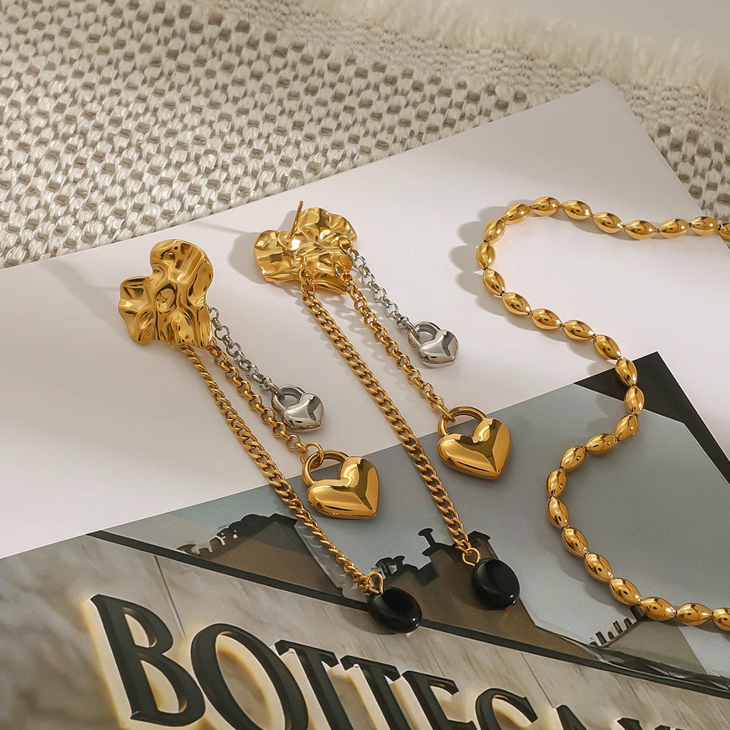 Minimalistische 18k vergoldete Edelstahl-Hammerkorn-Liebe-Herz-Quasten-Ohrringe für Frauen, allergiepräventiver Charmschmuck