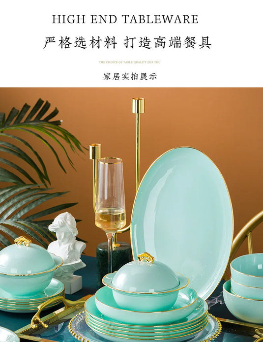 Jingdezhen Light Luxury Bone Porcelain Hand-painted Gold Border Bowl Plate Combination, Celadon Tableware Set for Household Use