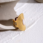 Trendy Horse Eye White Jade Oval Opening Ring Stainless Steel Metal 18K PVD