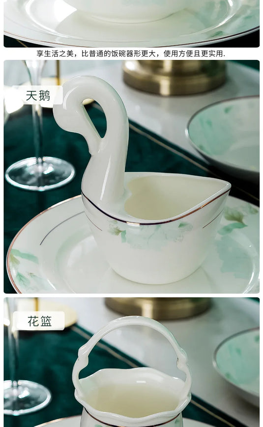 Jingdezhen Bone Porcelain Bowl and Plate Set, Ceramic Tableware Bowl and Chopstick Set