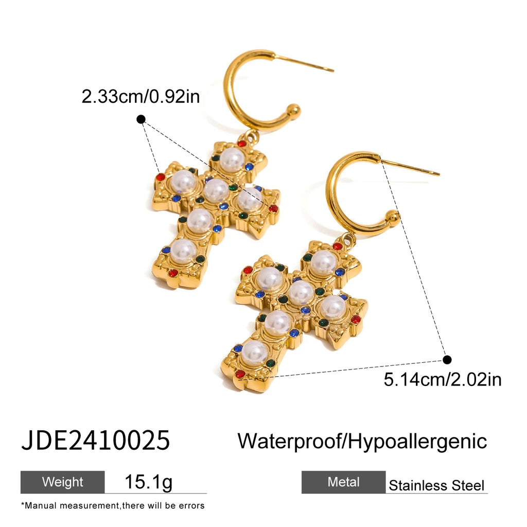 18k Gold Plated Stainless Steel High End Diamond Bead Cross Pendant Earring Prevent Allergy Temperament Fashion Charm Jewelry