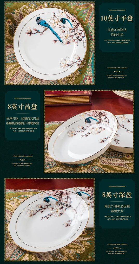 Jingdezhen Ceramic Tableware 10 Personal Tableware Set Gold Painted Household Bowls, Dishes, Bone Porcelain Set