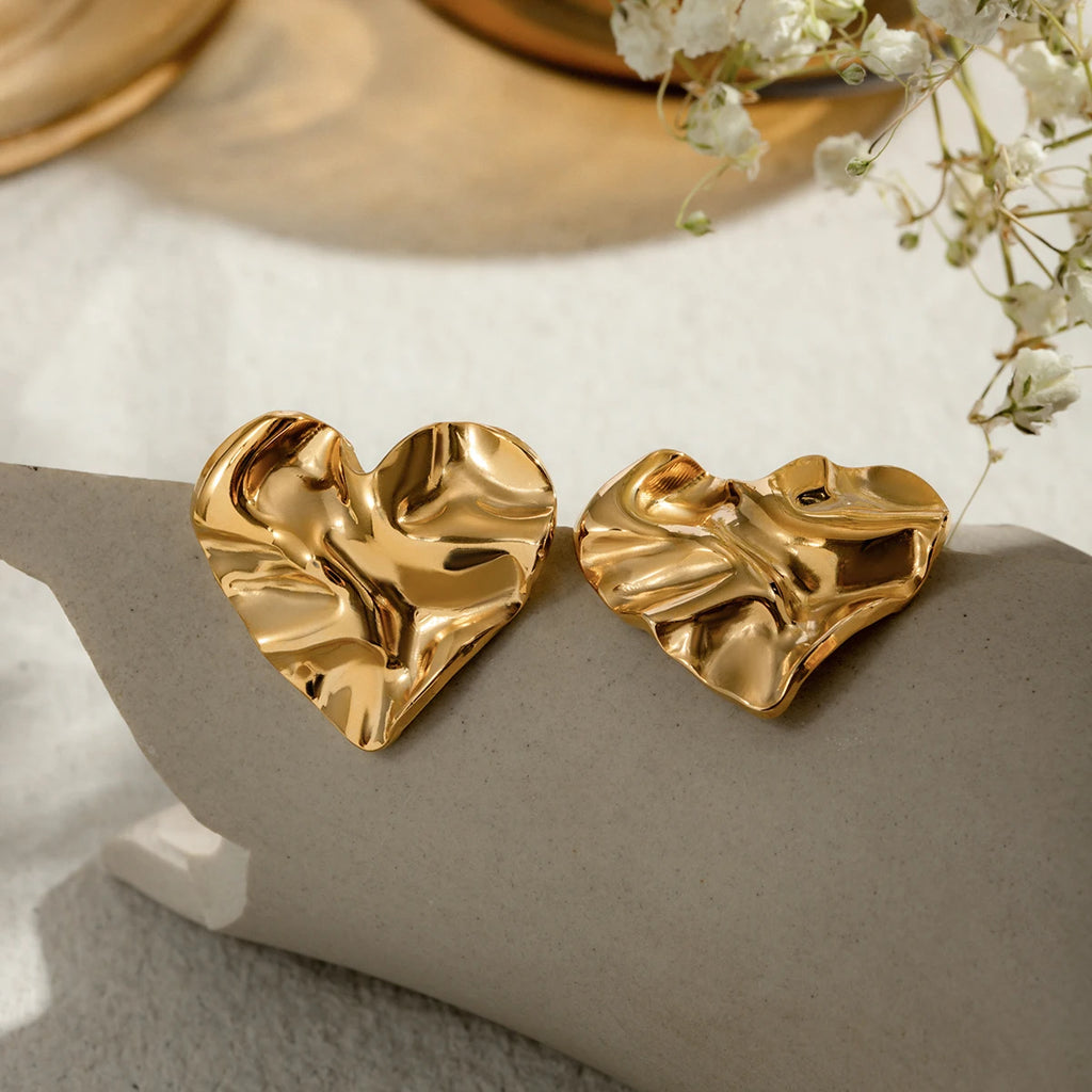 18K Minimalistisk Hammer Grain Love Heart Øreringe Chic Rustfrit Stål Minimalistisk Vandtæt Højkvalitets бижутерия Festgave