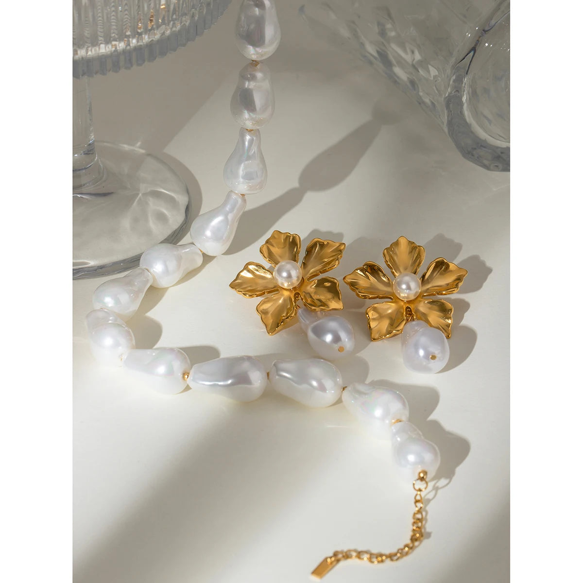 Minimalistische Edelstahl 18K Vintage Wassertropfenförmige schillernde Perlen Halskette Ohrringe rostfreie attraktive schicke Schmuck