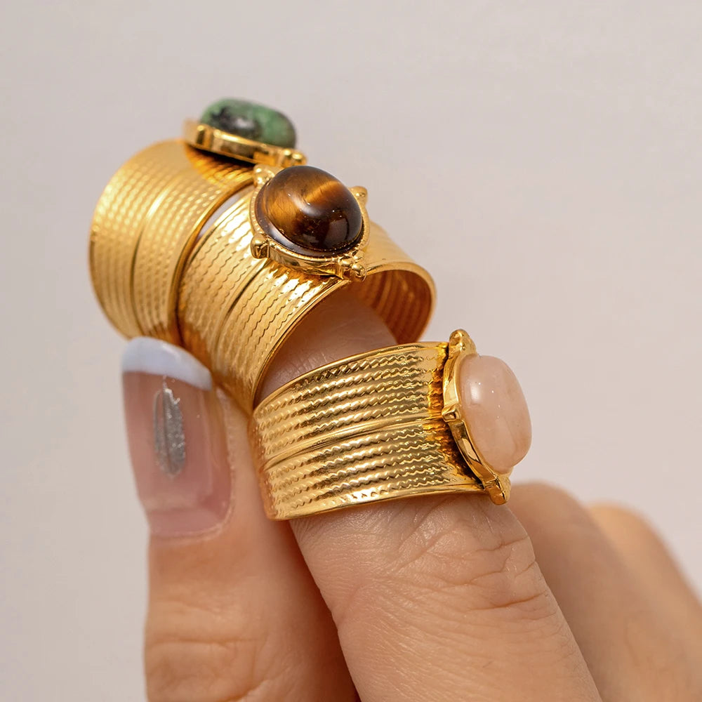 Кольцо из нержавеющей стали с натуральным зеленым тигровым глазом, открытое, эффектное, золотое, покрытие 18 карат, кольцо bague acier inoxydable, подарок, новое